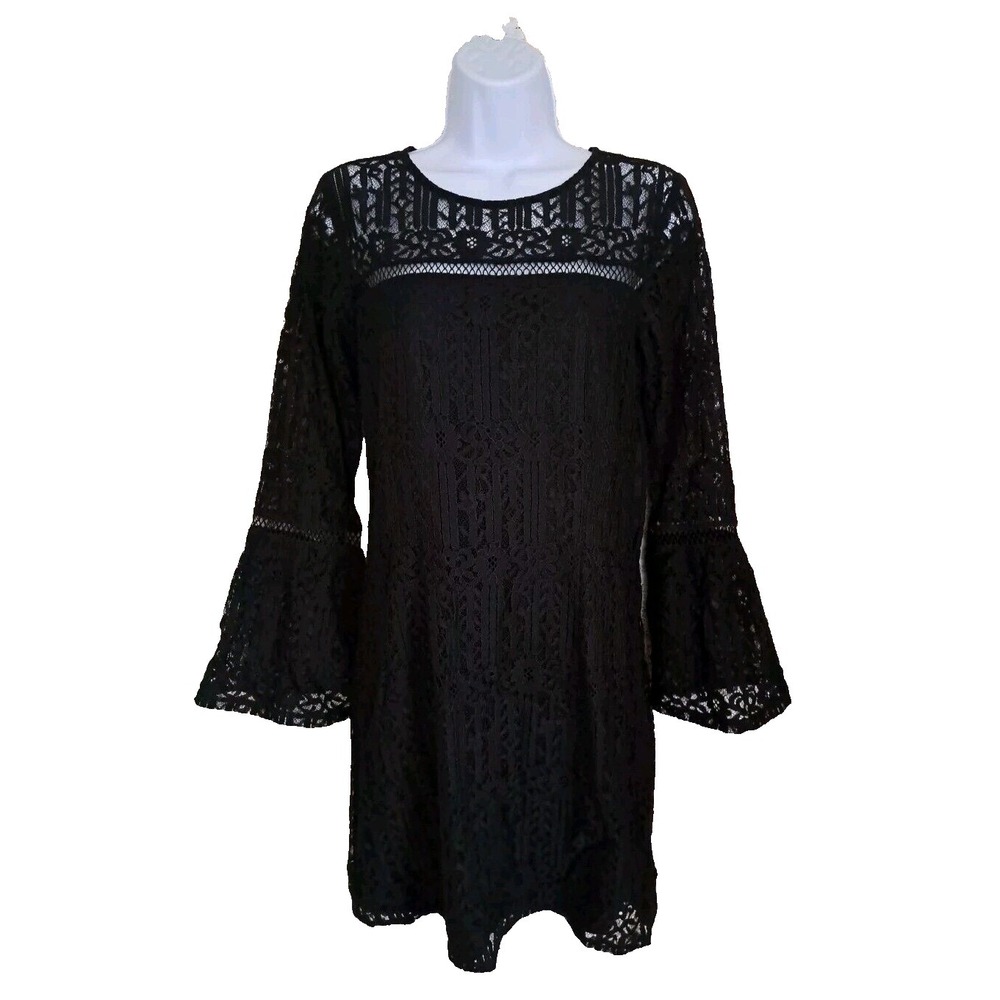 Xhilaration Dress M Black Lace Boho Bell Sleeve Side Zip‎ Lined Cotton Blend